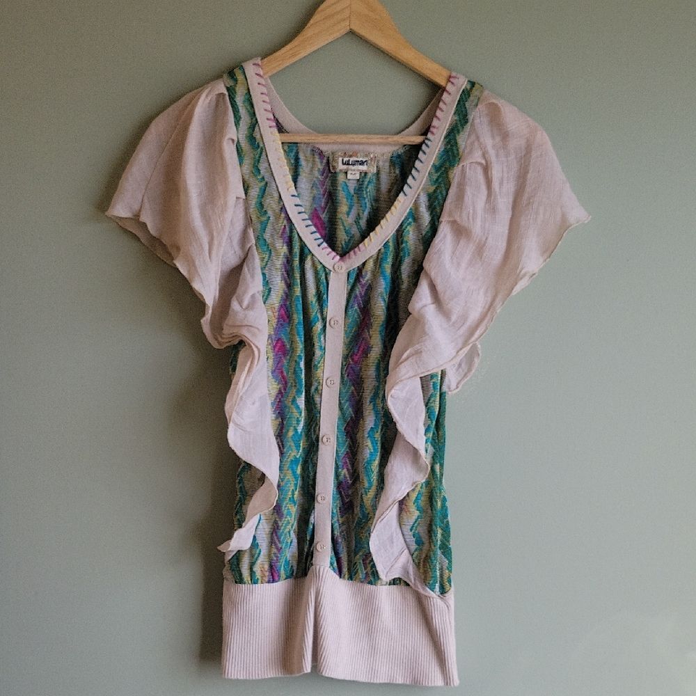 Lulumari Colorful Ruffled Retro Boho Chic V-Neck Blouse Size M
